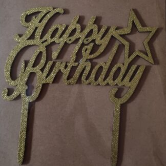Gold happy birthday wood cake topper