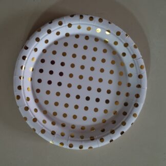 White paper plates big with gold polka dots 10's