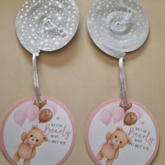 Pink bear baby shower hanging décor twirls 2's